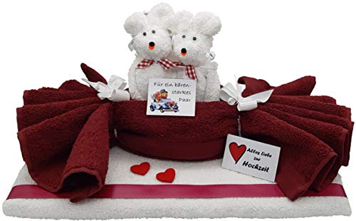 Frotteebox Geschenk Set Bären Hochzeitspaar aus 2X Handtuch dunkelrot/weiß (100x50cm) und 2X Waschhandschuh weiß geformt von Frotteebox