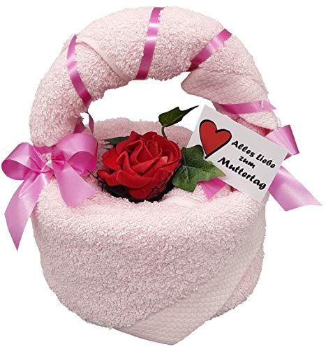 Frotteebox Geschenk-Set Blumenkorb aus Handtuch (100x50cm) und Gästetuch (50x30cm) rosa in Handarbeit geformt mit Deko-Rose zu Muttertag Geburtstag Hochzeit von Frotteebox