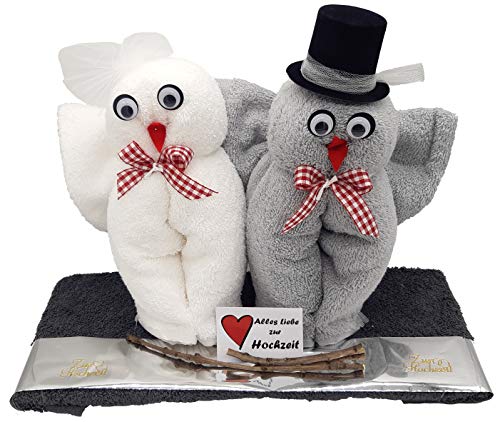 Frotteebox Geschenk Set Eulenpaar aus 2X Handtuch (100x50cm) 1x Gästetuch (50x30cm) und 2X Waschhandschuh grau/weiß geformt von Frotteebox