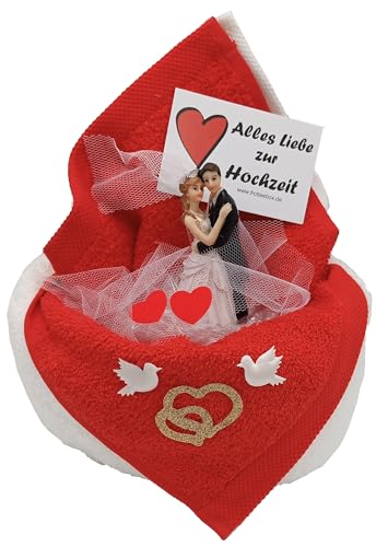 Frotteebox Geschenk Set Hochzeitstorte in Handarbeit geformt aus 1x Handtuch (100x50cm) weiß und 1x Gästetuch (30x30cm) rot von Frotteebox