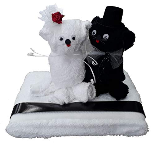 Frotteebox Geschenk Set Katzen Hochzeitspaar aus 1x Handtuch, 2X Gästetuch und 2X Waschhandschuh schwarz/weiß geformt von Frotteebox