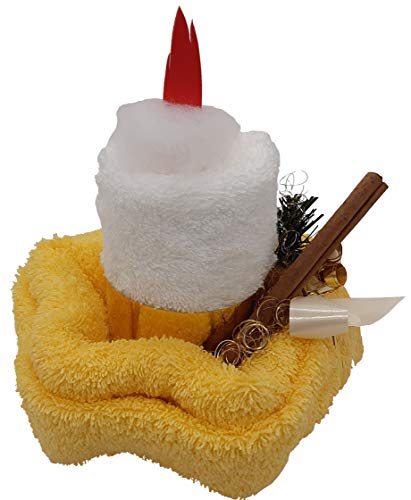 Frotteebox Geschenk Set Kerze in Handarbeit geformt aus 2X Gästetuch weiß/gelb von Frotteebox
