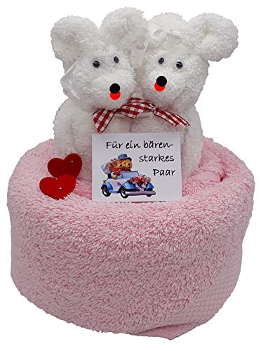 Frotteebox Geschenk Set Bären Hochzeitspaar aus 1x Handtuch rosa (100x50cm) und 2X Waschhandschuh weiß geformt von Frotteebox