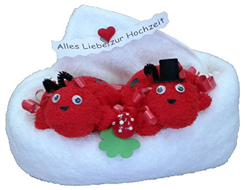 Frotteebox Geschenk Set Marienkäfer-Paar in Handarbeit geformt aus 1x Handtuch weiß (100x50cm) und 2X Waschhandschuh rot von Frotteebox