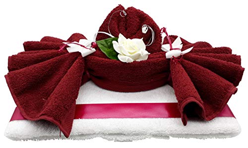 Frotteebox Geschenk Set Rosenbett aus 2X Handtuch rot/weiß (100x50cm) geformt + Deko Rose von Frotteebox