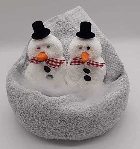 Frotteebox Geschenk Set Schneemann Paar in Handarbeit geformt aus 2X Waschhandschuh weiß in Handtuch 100x50cm grau, mit Zwei Zylinder Hüten von Frotteebox