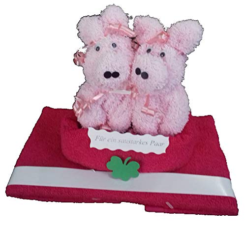 Frotteebox Geschenk Set Schweinepaar aus 2X Gästetuch (50x30cm) und 2X Waschhandschuh rosa/rot geformt von Frotteebox