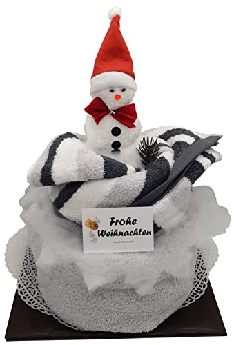 Frotteebox Geschenk Set Weihnachtstorte mit Schneemann in Handarbeit geformt aus Duschtuch, Handtuch, Waschhandschuh und Weihnachtsmütze von Frotteebox