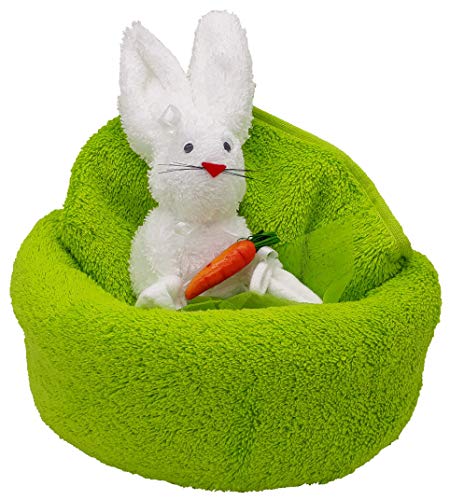 Frotteebox Geschenk Set Hase im Nest in Handarbeit geformt aus 1x Handtuch grün (100x50cm) und 1x Waschhandschuh weiß von Frotteebox