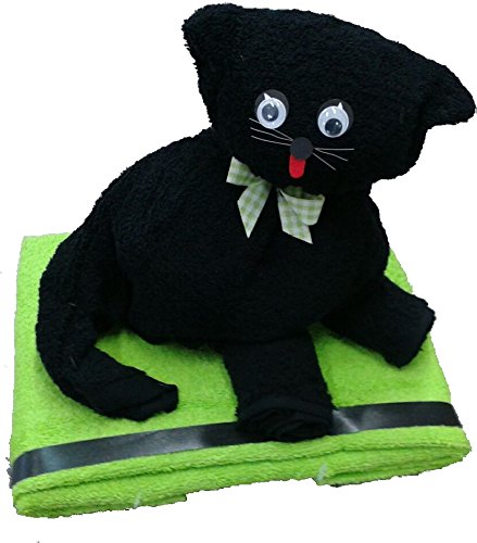 Frotteebox Geschenk Set Katze schwarz in Handarbeit geformt aus 2X Handtuch (100x50cm) schwarz/grün, 1x Gästetuch schwarz von Frotteebox