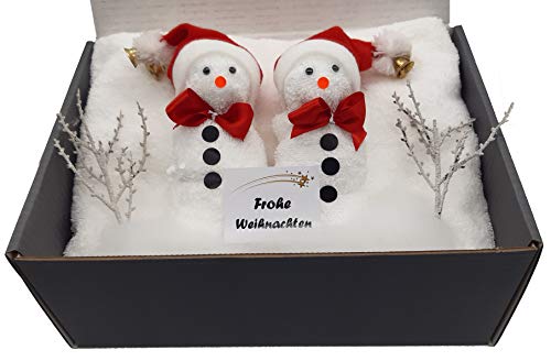 Frotteebox Set 6-teilig 2X Handtuch (100x50cm) 500g/qm + 2X Schneemann weiß aus Waschhandschuh geformt mit weihnachtlichen Eierwärmern als Mützen von Frotteebox