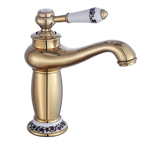 Retro Küchenarmatur Nostalgie Einhebel Wasserhahn Waschbecken Küche Bad Armatur Verstellbare Brause Mischbatterie Becken Mit Warmen Und Kalten Wasserhähne Farbe Golden (Golden) von Froulaland