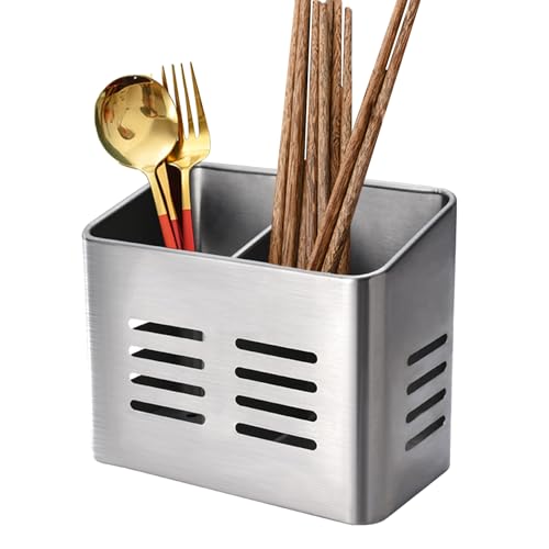 Frovale Küchenutensilienhalter aus 430 Edelstahl, KochlöFfelhalter Mit Abtropffunktion, Utensilienhalter Küche mit 2 Fächern für Essstäbchen | Maße 17 x 13 x 9 cm（Silber） von Frovale