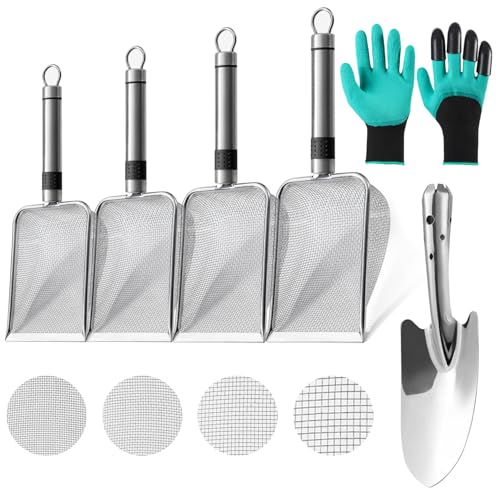 Frstem 4 Stück Gartensieb aus Edelstahl,Schaufel und Gartenhandschuhe mit Krallen,Erdsieb für Garten Gartenhandschuhe Dornenfest und Siebschaufel (2/2.8/3.8/5mm Masche) von Frstem