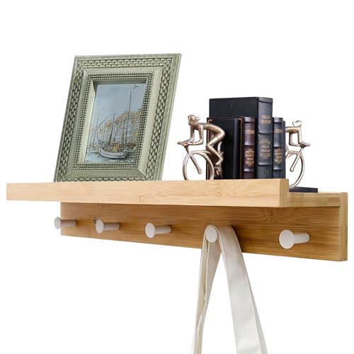 Frstem Schlüsselbrett Holz mit Ablage,Wandregal mit Hakenleiste,Schlüsselhalter Schlüsselregal mit 5 Haken,Bambus,Schlüsselablage Wand für Eingangsbereich, Flur, Wohnzimmer, 61.1 x 12 x 8 cm von Frstem