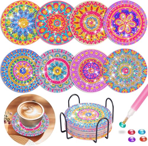 Frundoo Diamond Painting Untersetzer mit Halter, 8 Stück Diamant Tassenuntersetzer, Diamond Painting Erwachsene zum Basteln, DIY Neues Mandala Untersetzer rutschfest für Anfänger, Erwachsene & Kinder von Frundoo