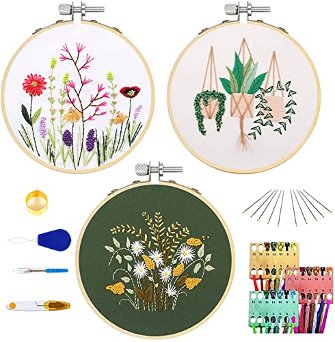 3er Stickerei Set, Stickerei Kreuzstich Starter Set Embroidery Kit mit 1 Stickrahmen,3 Sticktüchern, 3 farbige Fäden, 9 Nadeln, 1 Schere für Anfänger DIY-Dekoration von Monarchy