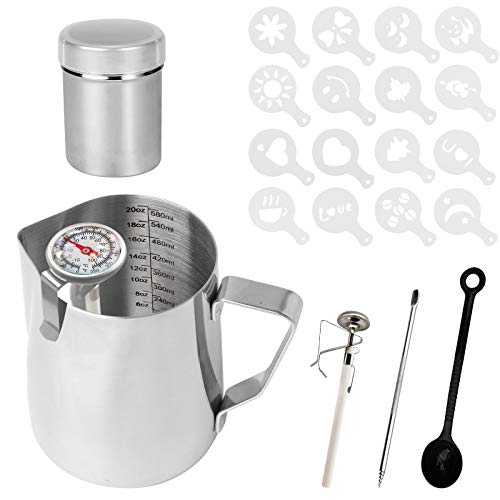 Frunimall 6 Stück Edelstahl-Milchkännchen 600 ml mit Milchthermometer,Pulverstreuer,Girlandennadel,16 Girlanden-Modell und Kaffeebohnen Löffel für Schokolade, perfekt für Cappuccino (Silber) von Frunimall