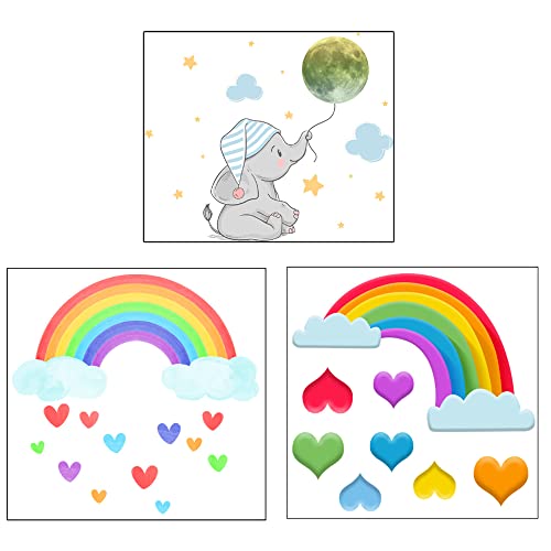 Wandaufkleber leuchtet im Dunkeln, selbstklebende Wandaufkleber, leuchtender Mond, Regenbogen, Herz, Wolken, Elefant, Sterne, leuchtende Deckenaufkleber für Baby, Kinder, Mädchen, Schlafzimmer von Frunimall