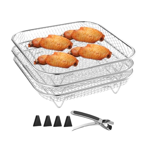 3-stöckiger stapelbarer Grillkorb, leicht zu reinigen und platzsparender Ständer, Mehrzweck-Luftfritteusen-Zubehör, kompatibel mit Dampfgarer & Backofen für gesundes Kochen, Edelstahl von Fruusv