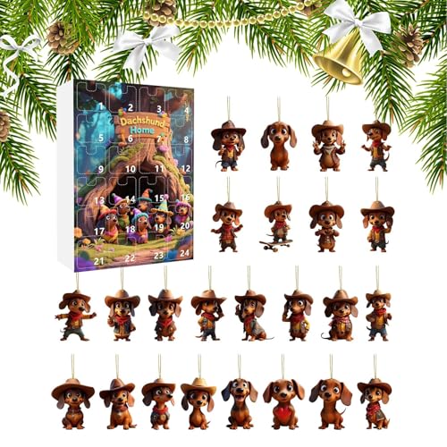Weihnachtskalender - 24 Tage Dackel -Advents -Set Für Urlaub, Mit 2D -Acrylhund, Mehrzweck -Countdown -Ornamente Für Baum, Fenster, Wand, Tür, Auto, 2025 Ausgabe, 26x18x3cm von Fruusv