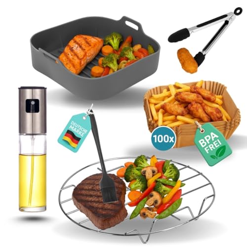 FryChef Heißluftfritteuse Zubehör, Airfryer Zubehör, 5 Teile, mit Silikonform, Ölsprüher, Backpapier u.m. Passend für COSORI 5,5L, Philips 7,3L oder Cecotec 5,5 L. Quadratische Geräte ab 23 cm von FryChef