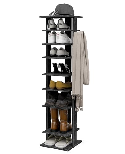 Frylr Vertikales Schuhregal, 8-stufiger Schuhaufbewahrungs-Organisator mit Haken, hoher Schuhturm, schlankes stehendes Schuhregal, Cubby-Schuhaufbewahrung für Eingang/kleine Räume/Schrank(Schwarz) von Frylr