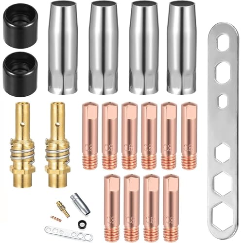 19 Stück Verschleißteile Set, Schutzgasschweißgerät Zubehör, Schweißzubehör passend AK-15/MB-15, 4 x Gasdüsen, 10 x Powerdüsen M6 0,8 mm, 2 x Düsenstiel, 2 x Isolatoren, 1 x Schraubenschlüssel 19 Stück Verschleißteile Set, Schutzgasschweißgerät Zubehör, Schweißzubehör passend AK-15/MB-15, 4 x Gasdüsen, 10 x Powerdüsen M6 0,8 mm, 2 x Düsenstiel, 2 x Isolatoren, 1 x Schraubenschlüssel von Frypay