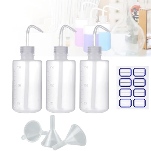 3 Stück Spritzflasche 250ml, Kommt mit 3 Trichtern und 1 Etikett Laborflasche Waschflasche Dosierflasche Squeeze Flasche Sprühflasche Quetschflasche Transpartent Kunststoff für Laborreinigung Pflanzen von Frypay