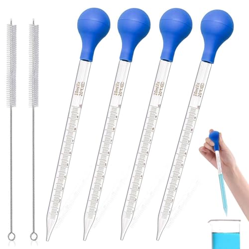 4 Stück Pipetten, 10ml Messpipetten mit Gummiball, 4 Pipetten und 2 Reinigungsbürsten, Länge Pipette Glaspipette für Labor Lebensmittel Forschung Medizin mit Waschbürste und Glas Rührstab von Frypay