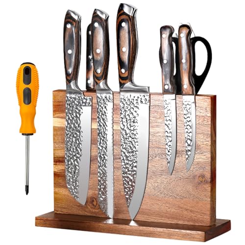 Fsaklaskdy Messerblock Magnetisch, Doppelseitiger Starker Magnetischer Messerhalter Ohne Messer, Universal Küchenmesser Knife Holder mit Starkem Magnet, Natürlichem Akazienholz Magnet Messerhalter von Fsaklaskdy
