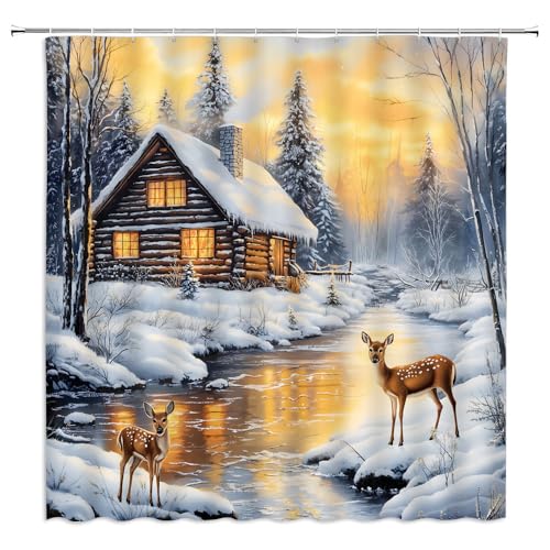 Duschvorhang für den Winter, Schnee, Wald, Hirsch, Frohe Weihnachten, rustikale Hütte, Jagd, Elch, Weihnachten, Wildtiere, Bauernhaus, Sonnenuntergang, Land, Bach, Neujahr, Polyester von Fsfusvk