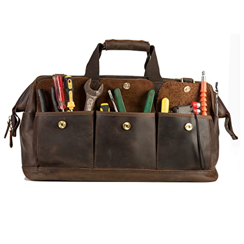 Leder-Werkzeugtasche, breite Öffnung, Werkzeug-Aufbewahrungstasche für Handwerkzeuge, 48,3 cm, Gartenarbeit, Outdoorsmen, robuste Premium-Aufbewahrung, Leder-Organizer, Braun von Fshsup