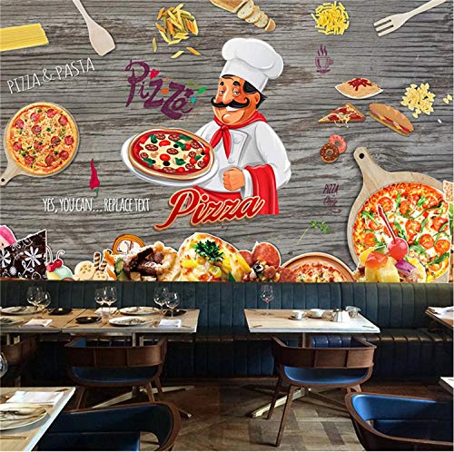Wandaufkleber Benutzerdefinierte Retro Holzmaserung Pizza Thema Tapete 3D Cartoon Handgemalte Pizza Fast Food Restaurant Hintergrund Wandbild 3D-200Cmx140Cm von Fslt