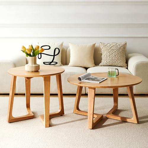 Fslvmin Runder Couchtisch, 2er-Set, Couchtisch Aus Massivholz, Beistelltisch Im Bauernhausstil, Seitlicher Teetisch für Das Wohnzimmer, Stabil und Einfach Zusammenzubauen(A Set, Yellow) von Fslvmin
