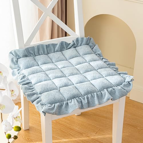 Fslvmin Stuhlpolsterkissen mit Bändern, Elegante Rüschen-dekokissen, Quadratisches Rutschfestes Sitzkissen Aus Plüsch, Stuhlpolster für Küche, Esszimmer, Büro(40x40cm(16x16inch), Blue) von Fslvmin
