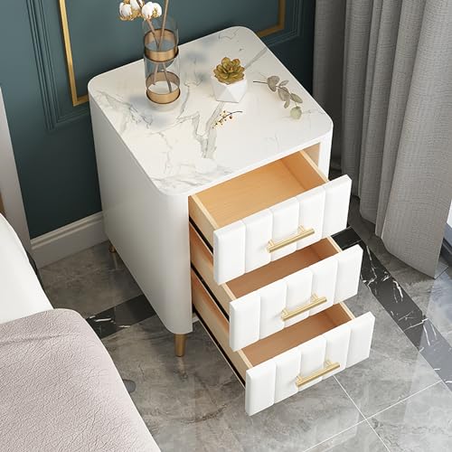 Samt-nachttisch mit 3 Schubladen, Gepolsterter Nachttisch mit Kunstmarmorplatte und Metallbeinen, Moderner Beistelltisch für Schlafzimmer, Wohnzimmer, Kleinen Raum(40x40x55cm(16x16x22inch), White) von Fslvmin