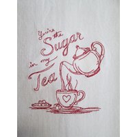 Zucker in Meinem Tee Küche Geschirrtuch Handtuch Rot Bestickt Mit Rotem Faden Redwork von FtCollinsEmbroidery