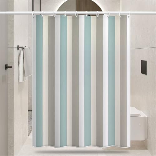 Duschvorhang Anti-Schimmel, Wasserdicht Polyester Textil Duschvorhänge, Trocknet Schnell Waschbar Badevorhänge, mit 12 Duschvorhangringe und Beschwerter Saum für Badezimmer Streifen 200x200cm F3590 von Ftwett