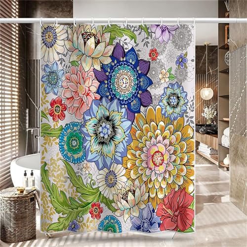 Duschvorhang Anti-Schimmel Wasserdicht Polyester Textil Shower Curtains Trocknet Schnell Waschbar Badvorhang Beschwerter Saum mit 12 Duschvorhangringe für Badezimmer Farbige Blumen 180x200cm F381 von Ftwett