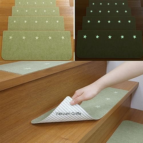 FuKuEn Innen Leuchtend Stufenmatten Zuschneidbar Rutschmatte Treppenstufen Waschbar Vacuum Tech Selbstklebend Teppich Stufenmatten für Holzstufen Grün 4 Stück 55 x 21 cm von FuKuEn