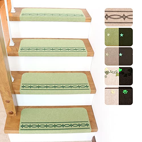 FuKuEn Stufenmatten Innen für Holzstufen Treppenstufen Antirutsch Waschbar Stufenmatten Vacuum Tech Selbstklebend Freischnitt Teppich Stufenmatten Grün 4 Stück 55 x 21 cm mit 4 cm Blending von FuKuEn