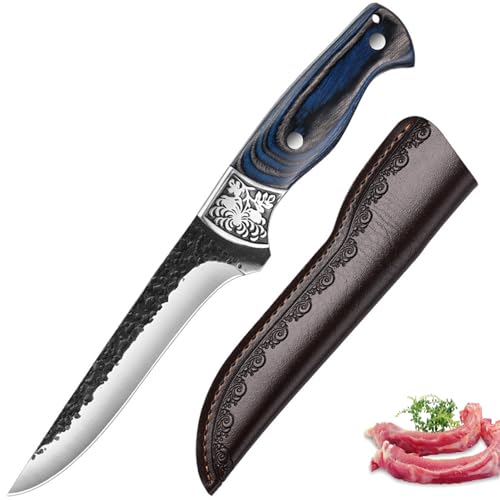 Fubinaty Ausbeinmesser Kochmesser handgefertigt geschmiedet Outdoor-Kochmesser Full Tang High Carbon Steel Küchenmesser mit Lederscheide für Home Camping Jagd BBQ von Fubinaty