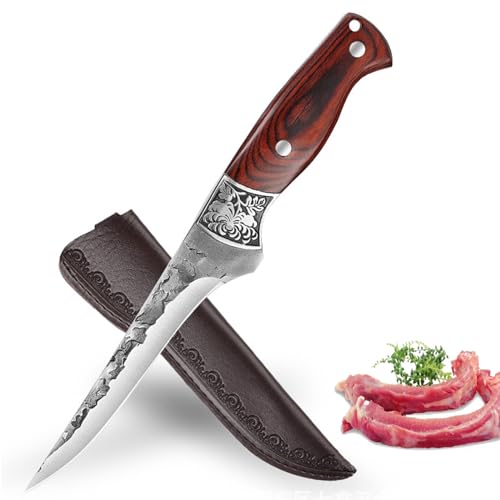 Fubinaty Ausbeinmesser japanische Kochmesser Hand geschmiedet Küchenmesser Full Tang High Carbon Steel Outdoor Kochen Messer mit Lederscheide für Home Camping BBQ von Fubinaty