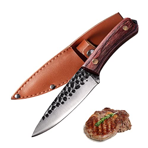 Fubinaty Chef Messer Kleine Outdoor Camping Küche Kochen Messer Handgemachte geschmiedete Tasche BBQ Steakmesser High Carbon Steel Travel Obst Messer mit Full Tang Holzgriff und Lederscheide von Fubinaty