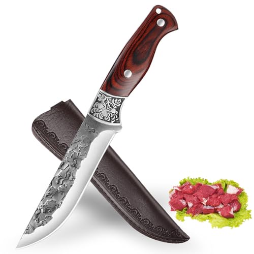 Fubinaty Japanisches Kochmesser Handgeschmiedetes Küchenmesser Full Tang Outdoor Kochmesser High Carbon Steel Camping Jagdmesser Holzgriff Gebrauchsmesser mit Lederscheide von Fubinaty