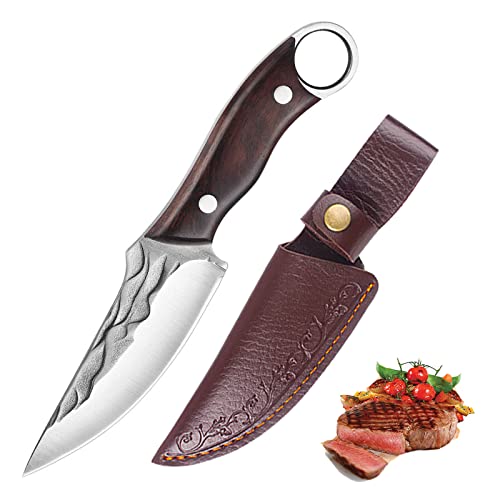 Fubinaty Kleines Kochmesser Tisch Fleischmesser Handgefertigt Geschmiedetes Outdoor Camping Grills Messer High Carbon Steel Küche Koch Messer Full Tang Holzgriff mit Lederscheide von Fubinaty