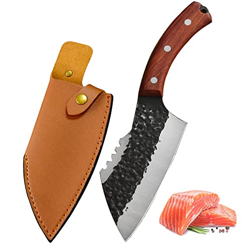 Fubinaty Kochmesser Handgefertigtes geschmiedetes Fleischbeil Full Tang Outdoor Jagd Camping Messer High Carbon Steel Küchenmesser mit Lederscheide und Rosenholzgriff von Fubinaty