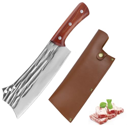 Fubinaty Küchenmesser handgefertigt geschmiedet Full Tang Chopping Knife High Carbon Steel Butcher Knife für Köche Knochen schneiden mit Lederscheide für Home Restaurant Outdoor Camping Jagd von Fubinaty