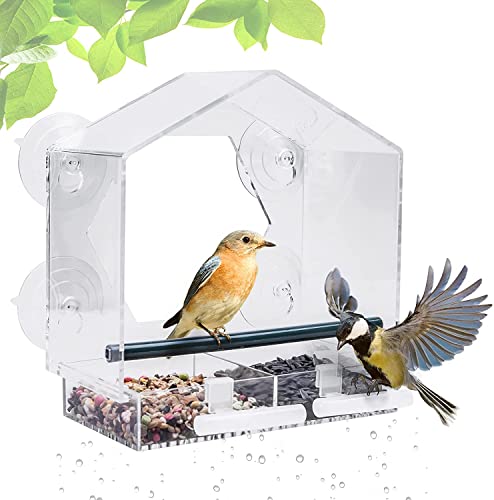 Fubullish Fenster-Vogelhäuschen, transparentes großes Vogelhäuschen mit 4 starken Saugnäpfen und 2 zusätzlichen Vogelständern, abnehmbarem Tablett und Abflusslöchern, für Vögel, 21 x 20 x 10 cm von Fubullish